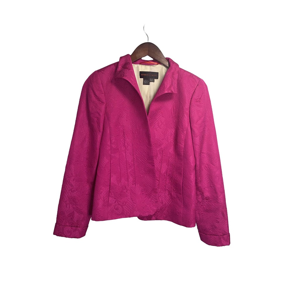 Vintage Nina Mclemore Women’s Silk Textured Floral Open Front Coat Jacket Pink 0